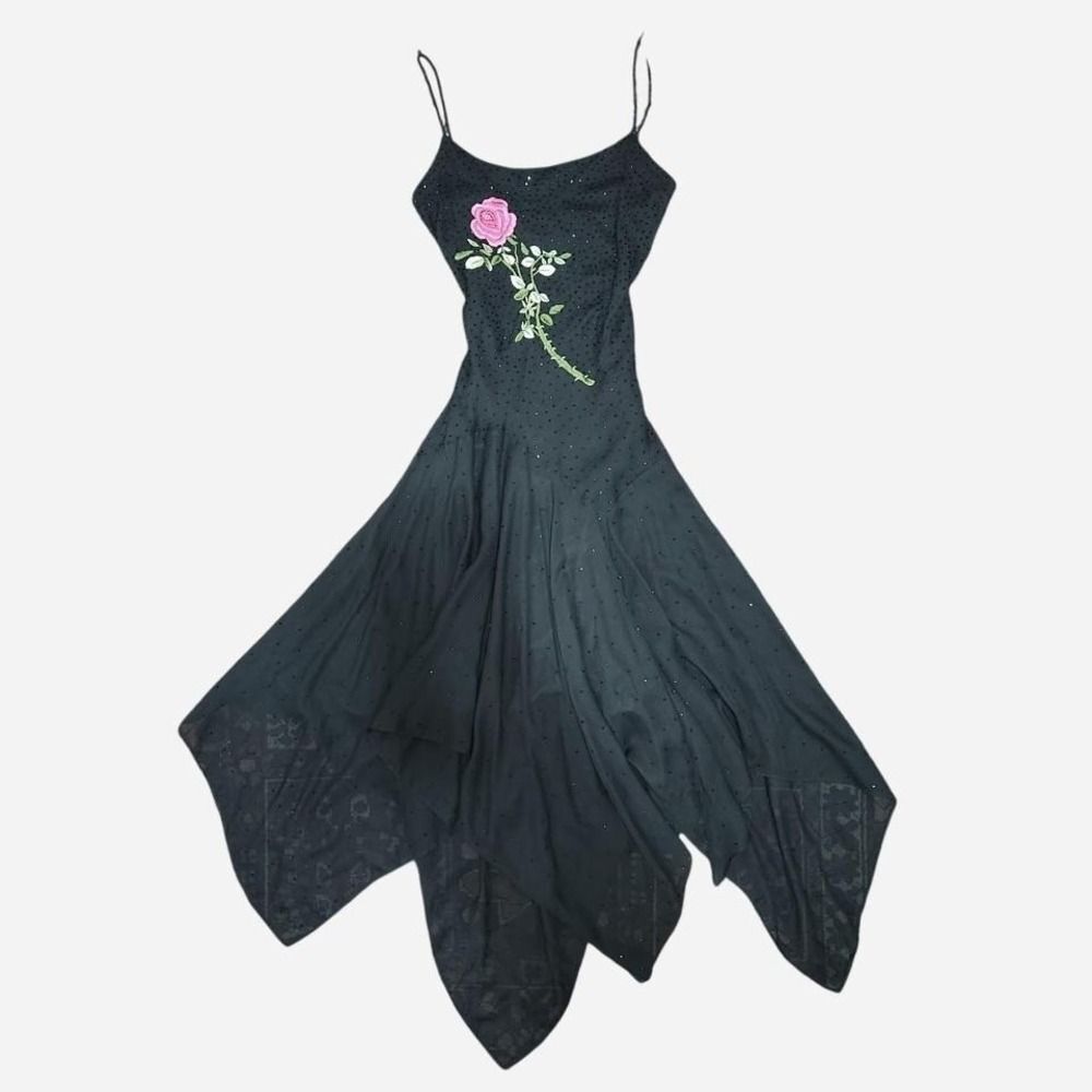 Y2K Morgan & Co black maxi dress with sparkles & rose embroidery size 7/8
